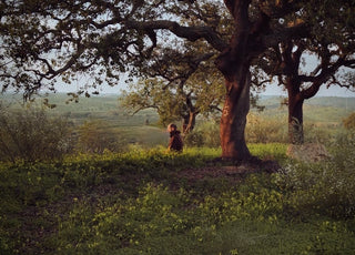 Man meditating in forest with trees