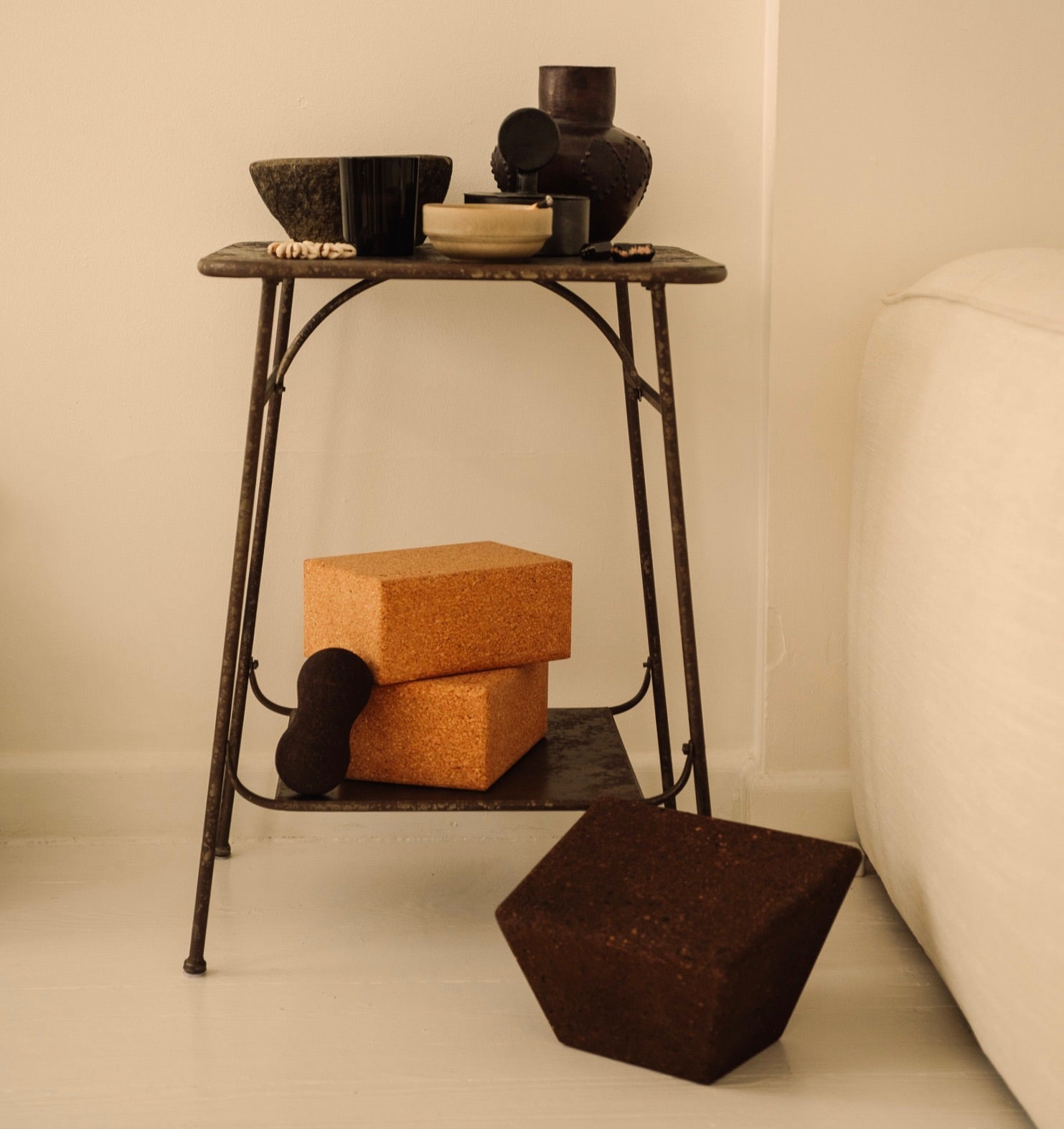 rituil cork yoga blocks massage peanut and restorative yoga block shown in living room
