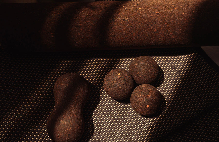 premium Rituil cork roller spheres and peanut on yoga rug