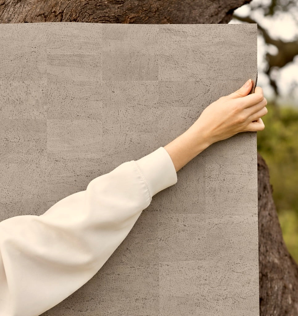 woman holding Rituil cork non slip yoga mat in front of tree #color_stone