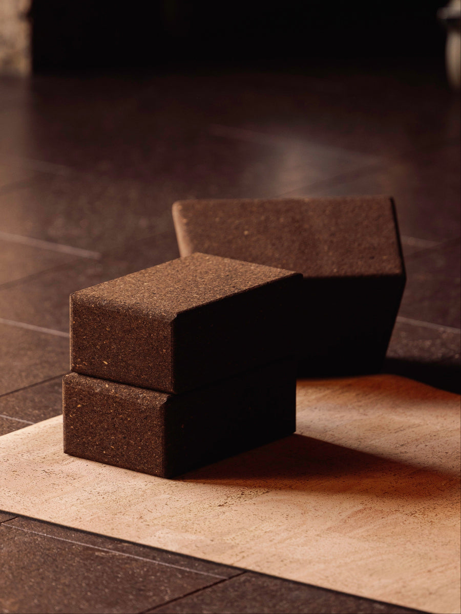 Rituil cork leather yoga mat and blocks on cork floor