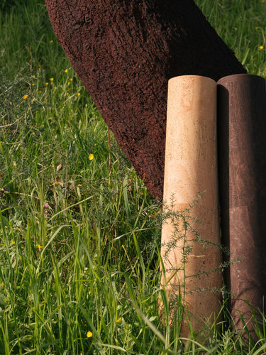 Non-Slip Non-toxic cork yoga mats leaning on tree