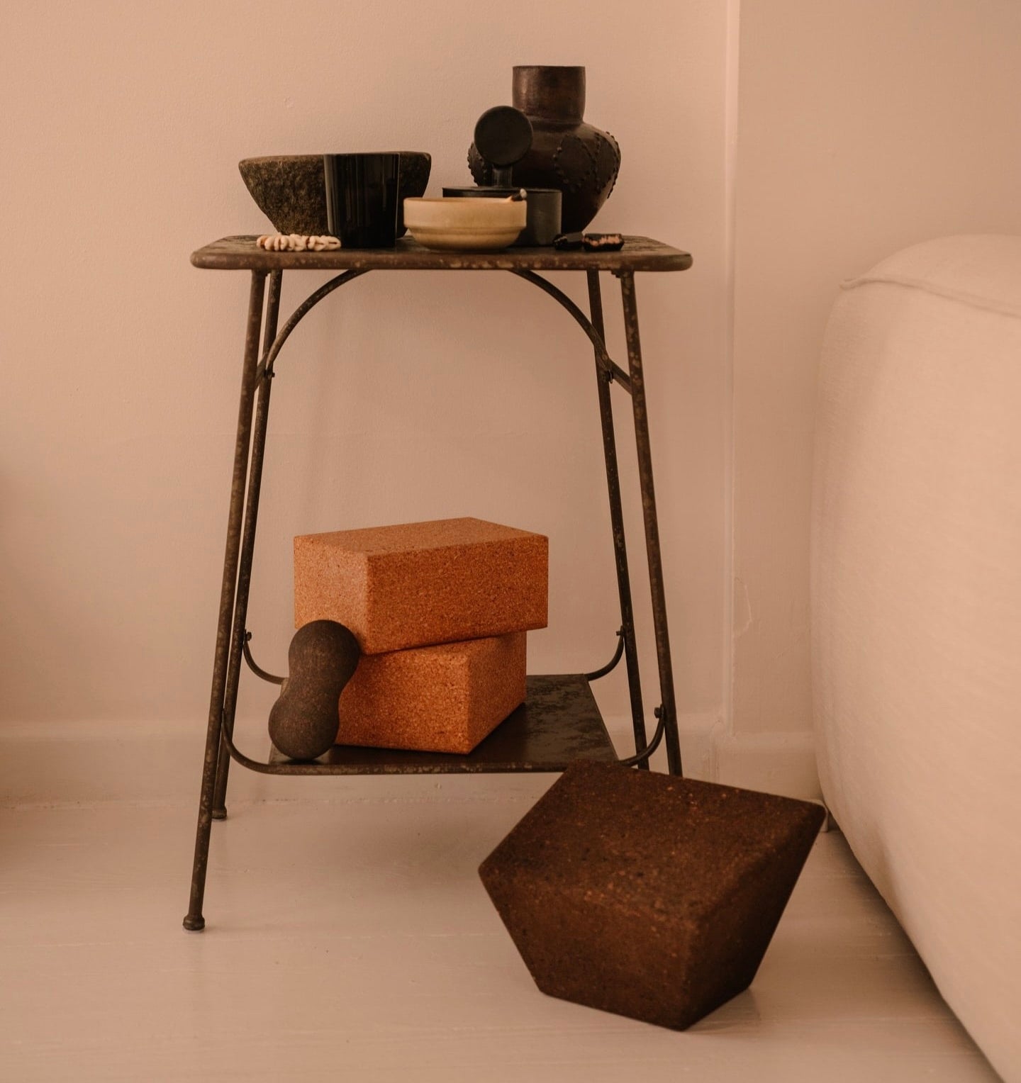 Rituil cork yoga props in living room on end table #color_sand