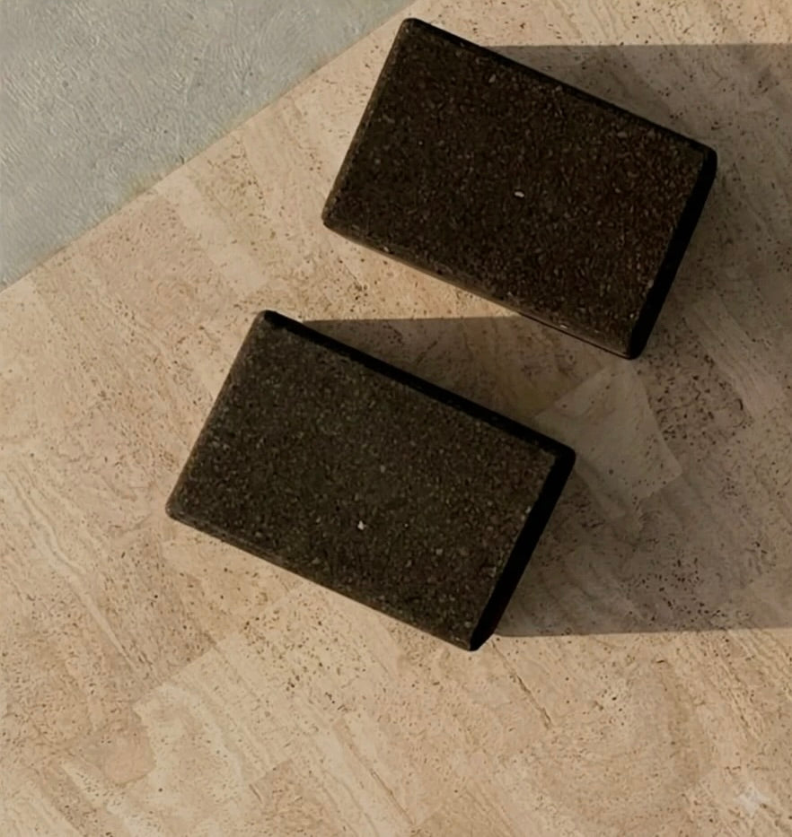 Rituil sustainable cream cork leather yoga mat featuring a non-slip, non-toxic, pvc free, textured surface with set of natural brown cork yoga blocks #color_bone