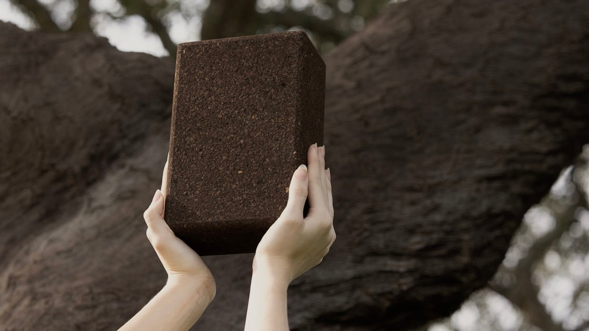 woman holding a natural rituil cork yoga block in front of a tree