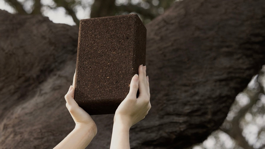 woman holding a natural rituil cork yoga block in front of a tree