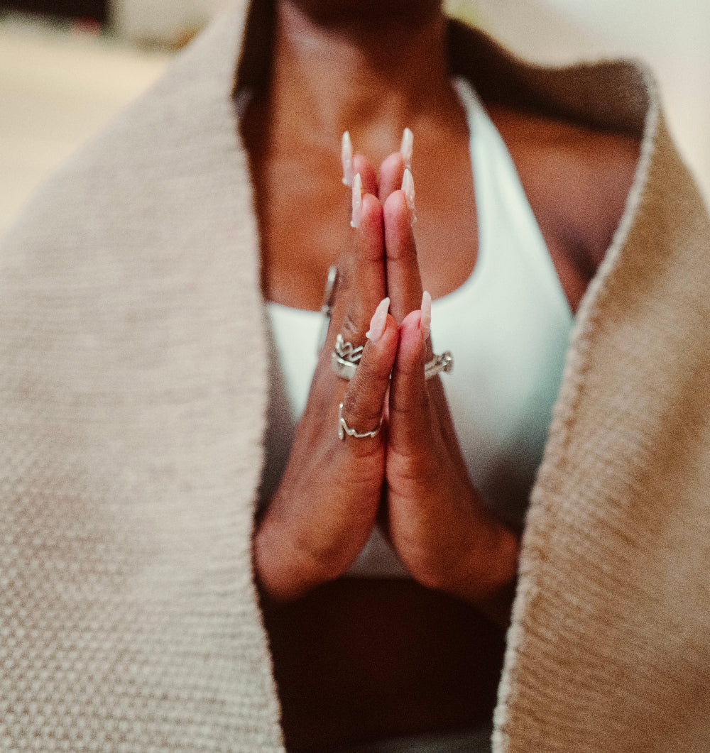 woman wrapped in rituil cotton yoga blanket