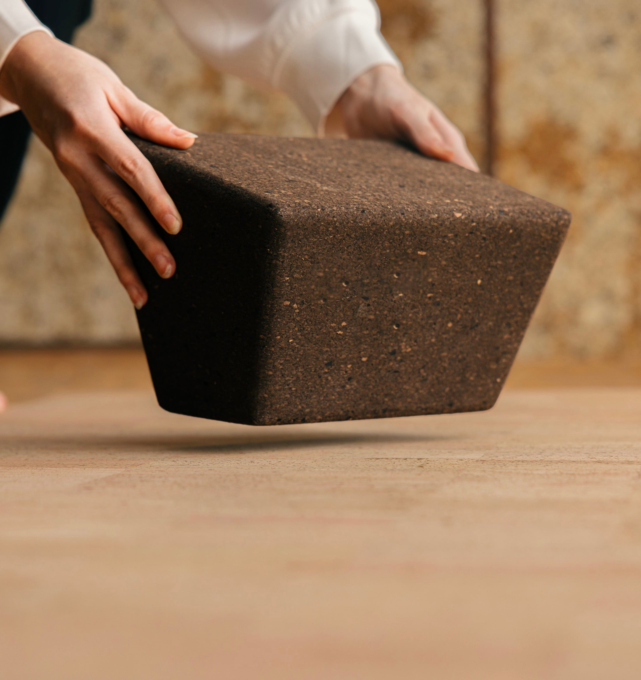 Rituil cork restorative yoga block placed on cork yoga mat