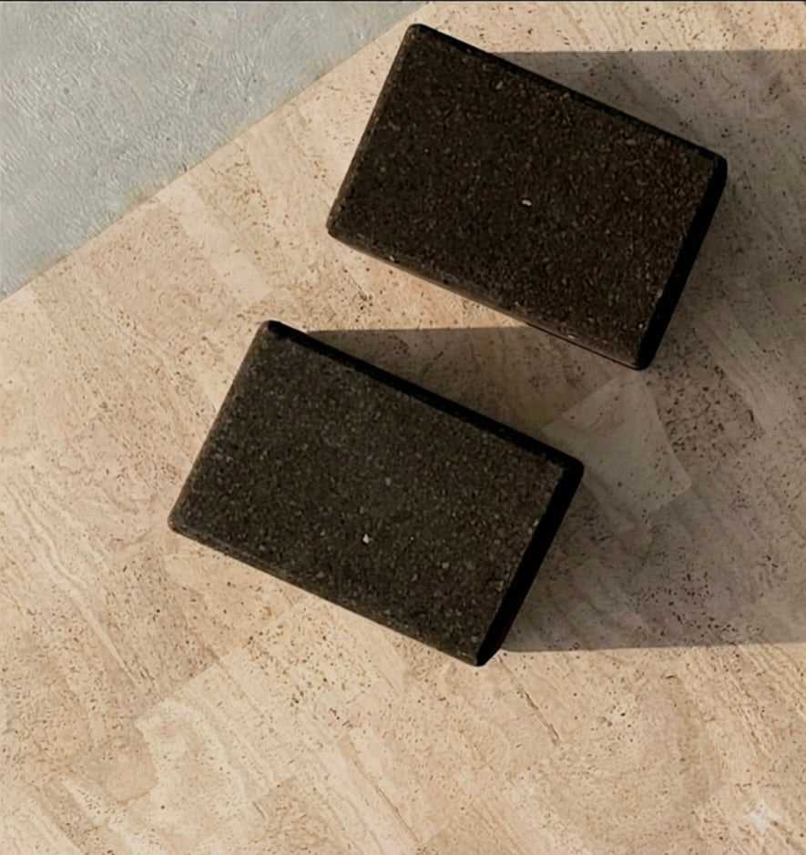 Rituil sustainable cream cork leather yoga mat featuring a non-slip, non-toxic, pvc free, textured surface with set of natural brown cork yoga blocks #color_bone